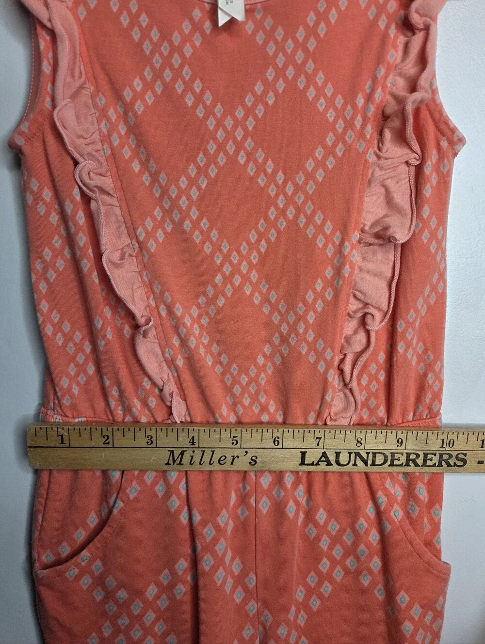 Matilda Jane Girls Coral Ruffle Romper Jumpsuit Size 4 Diamond Print Pockets